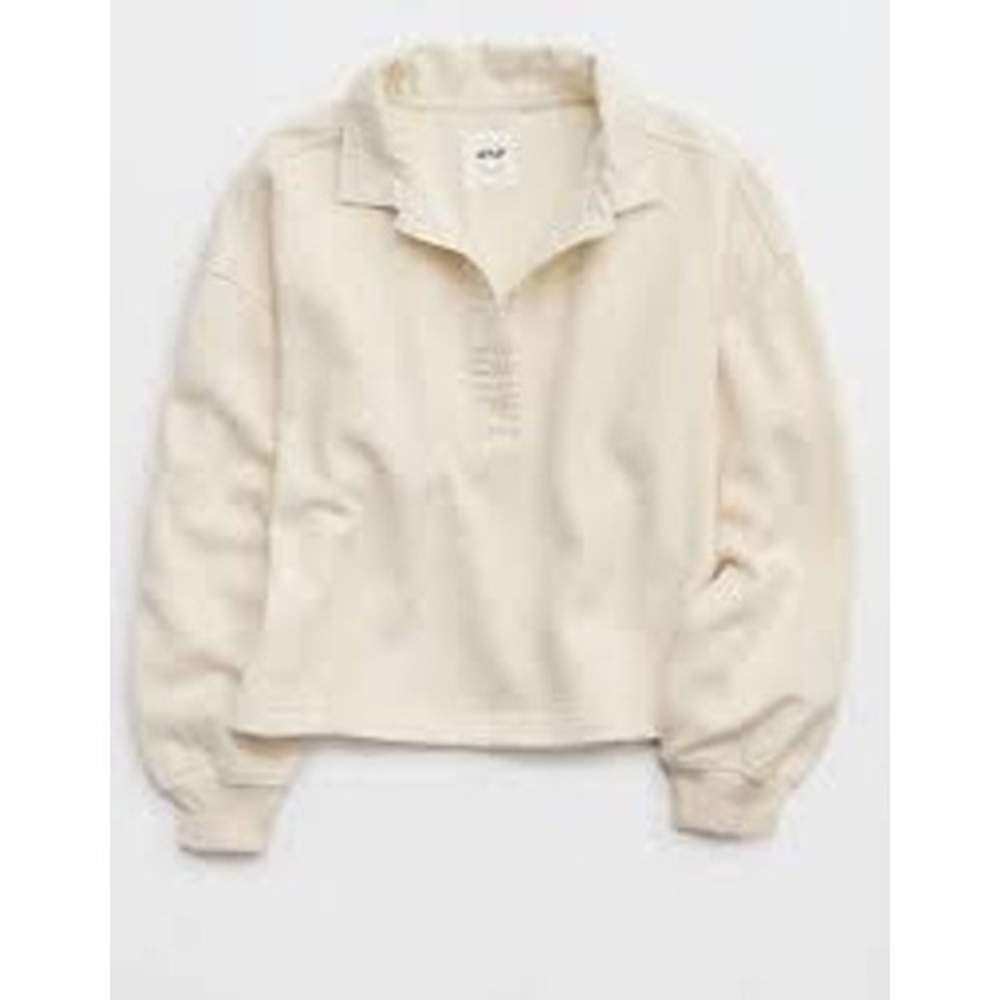 Aerie Women Sweatshirt M Cream Polo Pullover Mixed Media Drop Shoulder Collared